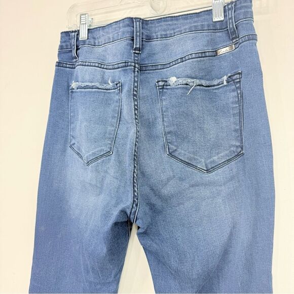 KanCan Estilo Blue Medium Wash Factory Frayed High Waist Button Skinny Jeans - Picture 12 of 16